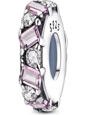 Singularis 925 Ayar Gümüş Pembe Baget Taşlı Işıltılı Charm - Bileklik Kolye Ucu