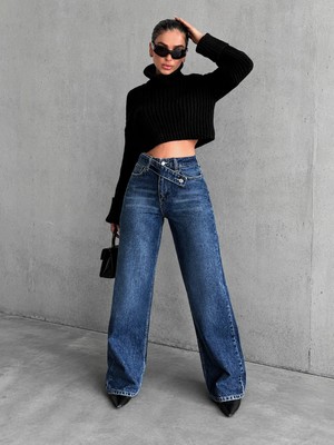 Polo State Kadın Mavi Çapraz Kemer Detaylı Wide Leg Jean Pantolon