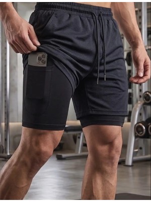 Aura Giyim Taytlı Sporcu Şort Telefon Cep'li Gym ve Fitness Astarlı