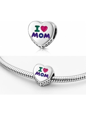 Singularis I Love Mom Yazılı Renkli Kalp Charm - Anneler Günü Hediyesi - Sallantılı Bileklik Ucu