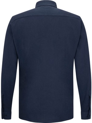 Hatemoğlu Lacivert Comfort Fit Düğmeli Yaka 100% Pamuk Uzun Kollu Keten Gömlek