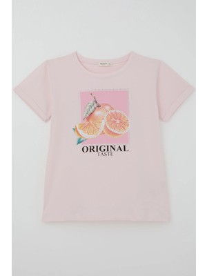 Breeze Kız Çocuk Kısa Kollu Tişört Narenciye Baskılı Taş Aksesuarlı 10-16 Yaş , Pembe