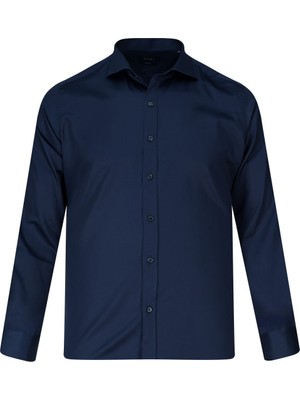 Hatemoğlu Lacivert Slim Fit Açık Italyan Yaka Uzun Kollu Saten Gömlek