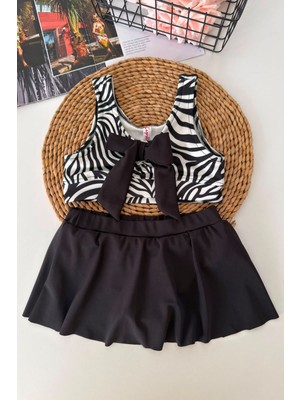 Miniğimin Cicileri Zebra Desenli Volan Etekli Kız Çocuk 2’li Mayo Bikini Takımı - Siyah
