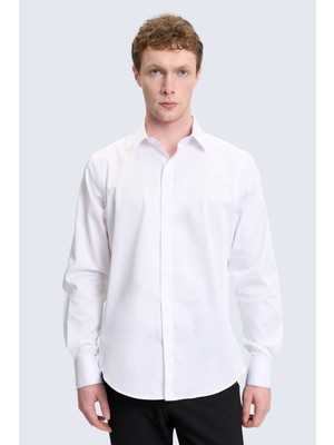 Hatemoğlu Beyaz Comfort Fit Slim Yaka 100% Pamuk Uzun Kollu Damatlık Gömlek