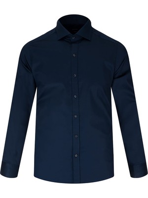 Hatemoğlu Lacivert Slim Fit Açık Italyan Yaka Pamuklu Saten Uzun Kollu Gömlek