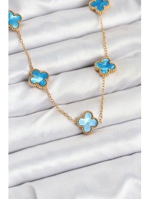 Epilons 316L Çelik Zincir Gold Buz Mavisi Renk Yonca Kolye - TJ-BKO10566
