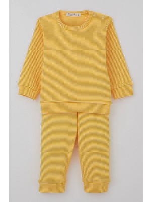 Breeze Erkek Bebek Pijama Takımı Omuzdan Patlı Rib Çizgili 4 Ay-1 Yaş, Sarı