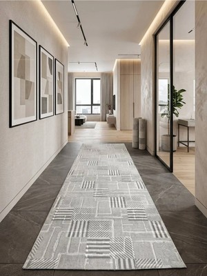 Dinarsu Antiq Halı Gri Modern Kaymaz Taban Salon Hol, Koridor Mutfak Yıkanabilir Jel Kesme Yolluk