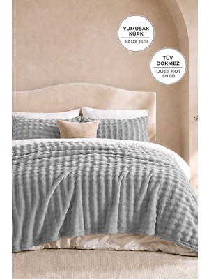 Evien Home Kürk Bubble Battaniye Seti Çift Kişilik Peluş Tavşan Tüyü 3 Parça Yumuşak 220X240 cm