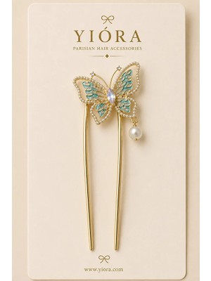 Yiora Premium Seri Altın Gold Metal Gövde Kelebek ve Sarkıt Inci Detaylı Fransız U Topuz Tokası 13CM