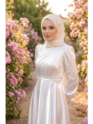 Bahar Dalı Btk Lalin Özel Dikim Beyaz Drape Detaylı Tesettür Abiye Elbise