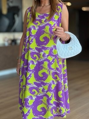 Valewoman Asimetrik Kesim, Desenli, Kolsuz Elbise