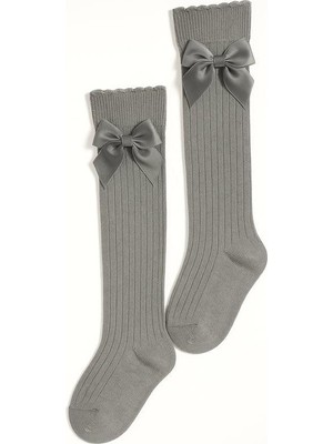 Bony Socks Kız Bebek Aksesuarlı Dizaltı Çorap Gri Melanj