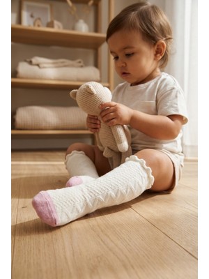 Bony Socks Kız Bebek Desenli Dizaltı Çorap Ekru