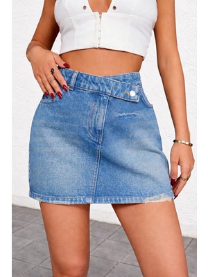 Kadın Çapraz Bel Detaylı Mini Jean Etek Yırtık Paça Denim Etek