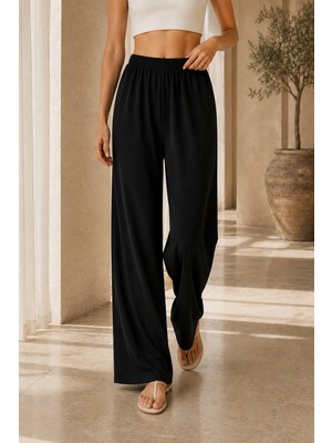 Quhox Kadın Siyah Beli Lastikli Bol Paça Pantolon