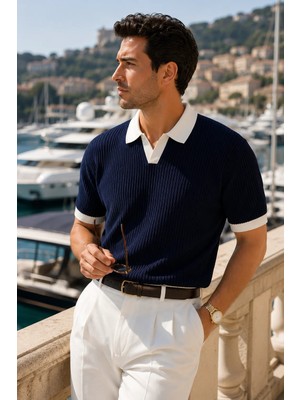 Polo State Erkek Lacivert Ekru Yakalı Triko Polo Yaka Tişört