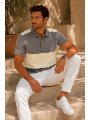 Polo State Erkek Taupe Gri Soft Sarı Blok Renk Polo Yaka T-Shirt