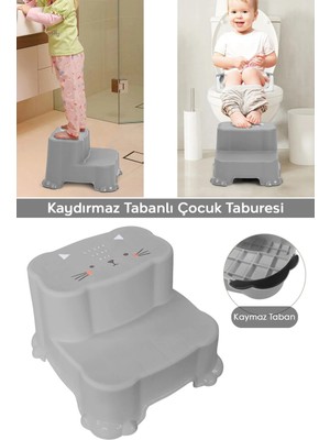 Meleni Baby Kaydırmaz Çocuk Taburesi - Çift Basamaklı Banyo Lavabo Merdiven Yükseltici Bebek Basamağı - Gri