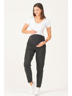 Busa Kadın Hamile Pantolon Esnek Karın Bantlı Siyah Jarse Mom Fit Desenli Model