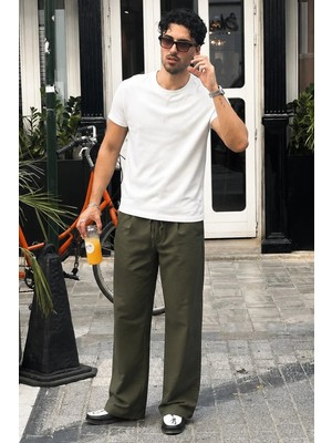 Haki Bol Paça Beli Bağlamalı Erkek Pantolon E7403