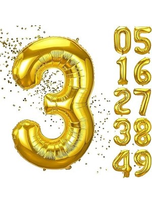 MarkEntegra 3 Yaş Doğum Günü Rakamlı Balon Yaş Günü Gold Renk Uçan Balon 102 cm Doğum Günü ve Parti Dekorasyonu Büyük Boy Folyo Balon 40 Inç - 102 cm Doğum Günü Dekorasyonu Balon Yaş Sayı Helyum Balon 3 Rakamı