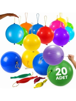 MarkEntegra 20 Adet Lastikli Zıpzıp Balon Ipli Punch Panç Büyük Balon