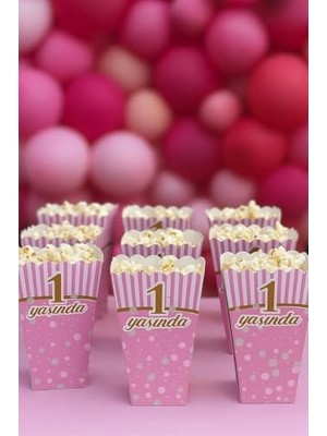 MarkEntegra 1 Yaş Doğum Günü Pembe Popcorn Kutusu, 8 Adet, Çizgili ve Puantiyeli Tasarım, Parti Süslemesi