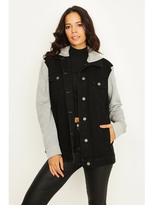 Select Moda Kadın Siyah Kapüşonlu Kolları Penye Oversize Denim Ceket