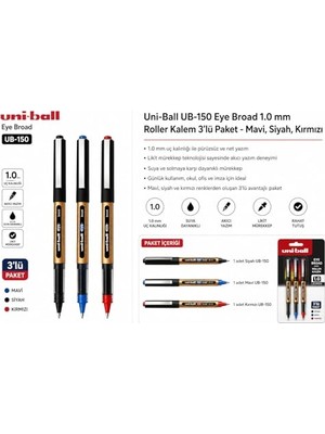 MarkEntegra Mavi Siyah Kırmızı Pilot Kalem 3 Adet Uniball Eye Broad 1.0 mm Roller Pilot Kalem UB-150-10 Roller Uçlu Likit Mürekkepli