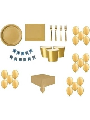 MarkEntegra 16 Kişilik Gold Altın Doğum Günü Parti Malzemeleri Konsepti Seti Süs, 89562326459626
