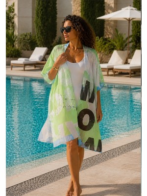 Mooff Yeşil Beyaz Şifon Kimono Pareo