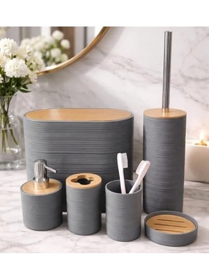MarkEntegra 6 Parça Banyo Seti, Bambu Detaylı, 8l Çöp Kovası 24X26X16 cm (Gri)