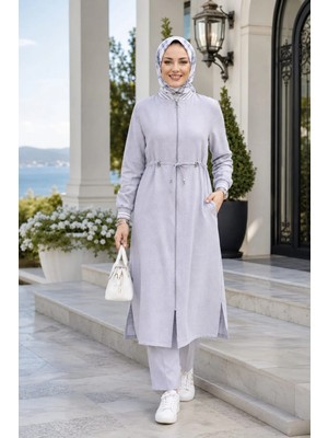 Harma Time Butik Kadın Ribanalı Fermuarlı Keten Tunik Pantolon Gri Ikili Takım