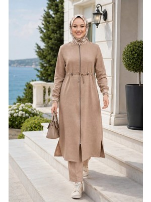 Harma Time Butik Kadın Ribanalı Fermuarlı Keten Tunik Pantolon Bej Ikili Takım