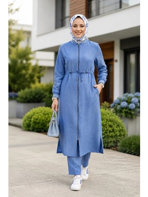 Harma Time Butik Kadın Ribanalı Fermuarlı Keten Tunik Pantolon Mavi Ikili Takım