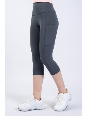 The Step Sports Snc Kadın Gri Cepli Yüksek Bel Toparlayıcı, Kapri Yoga Tayt 19"