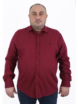 Starbattal Uzun Kol Keten Gömlek Mürdüm 3XL Erkek Büyük Beden Düz Desenli Spor Stil