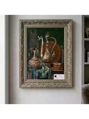 Tokyo Sanat Bakır Ibrik ve Türk Kahvesi Temalı Yağlı Boya Tablo | Çerçeveli Dekoratif Duvar Tablosu
