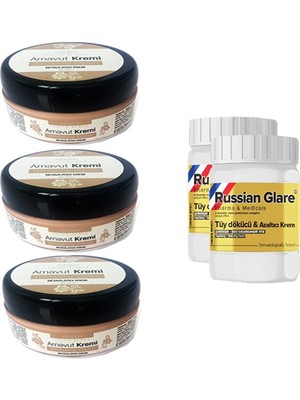 Bezos Three Brand Whitening Cream 50 ml Arnavut Kremi Aklık Kremi 3 Adet + Russıan Glare Tüy Dökücü Azaltıcı Merhem 50 ml 2 Adet