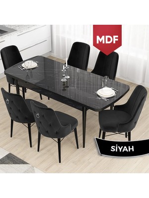 Canisa Concept Taç Serisi MDF 80 x 132 cm Siyah Mermer Desen Mutfak Masası Takımı 6 Sandalye Gümüş Halkalı