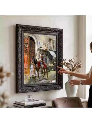 Tokyo Sanat Nostaljik Sokak ve At Figürlü Yağlı Boya Tablo | Çerçeveli Dekoratif Duvar Tablosu