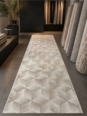 Dinarsu Aksu Antiq Halı Bej Geçişli Modern Kaymaz Taban Salon Hol, Koridor Mutfak Yıkanabilir Jel Kesme Yolluk