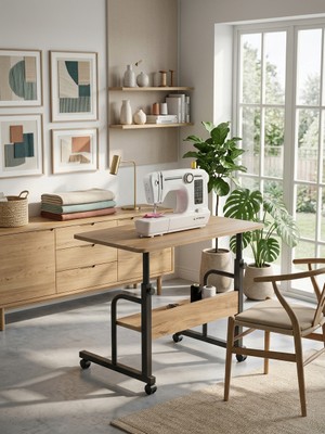 Homedora Atlas Yüksekliği Ayarlanabilir Dikiş Makinesi Sehpası Tekerlekli Çok Amaçlı Çalışma Masası Raflı 70X40 cm