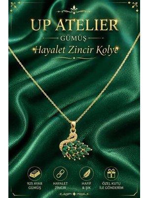 Up Atelier 925 Ayar Gümüş Ithal Zincirli Yeşil Zirkon Taşlı Kuğu Model Kolye 40-45CM Ayarlanabilir