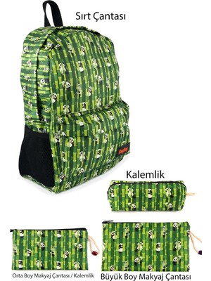Belirtilmemiş 4'lü Set Bambu Panda Desenli Sırt Çantası Kalemlik Makyaj Çantası Büyük Boy Makyaj Çantası
