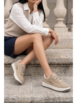 Marjin Kadın Sneaker Yüksek Taban Spor Ayakkabı Loske Camel Süet