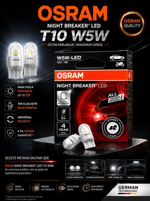 Osram T10 W5W Night Breaker LED Park Plaka Iç Aydınlatma Ampulü Beyaz Işık 2 Adet