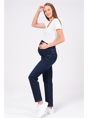 Busa Kadın Hamile Mom Fit Kot Pantolon Lacivert Esnek Karın Bantlı Günlük Stil